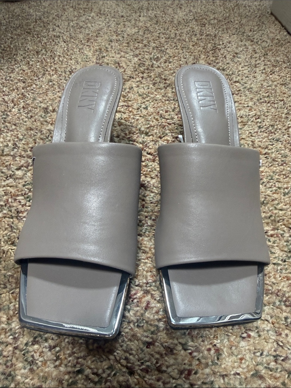 DKNY Gray Taupe Slide Mules with Square Toe